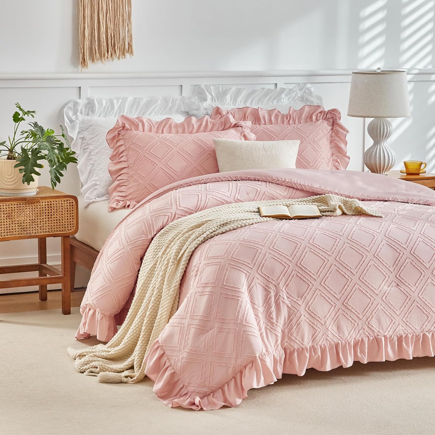 Flysheep Blush Pink Tufted Ruffle Comforter Set Twin Size
