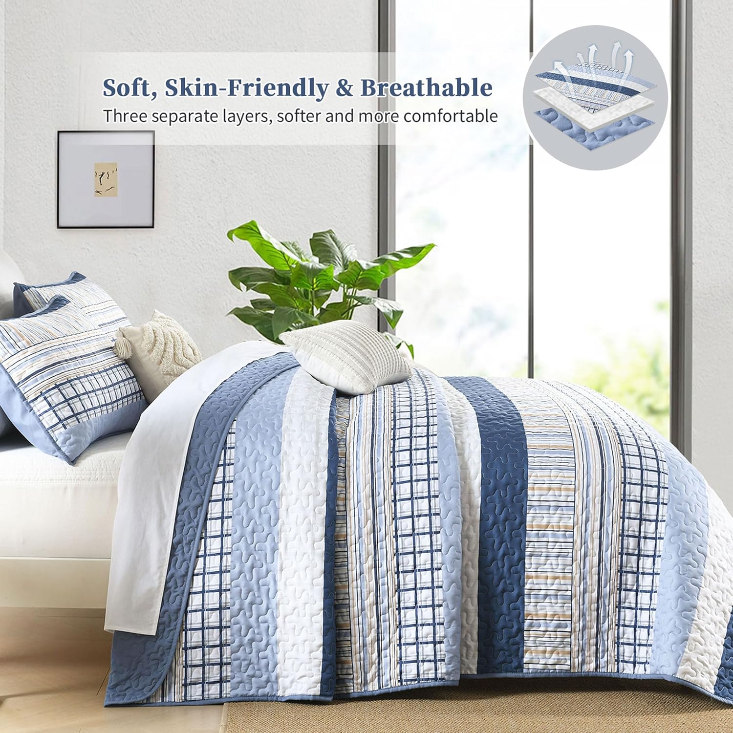 DJY Navy Blue Striped Quilt Set 3 Piece Queen Size
