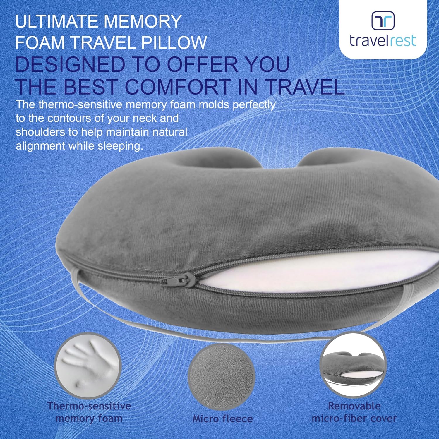 Travelrest Travel Essential Neck Pillow - Memory Foam and Washable Cover