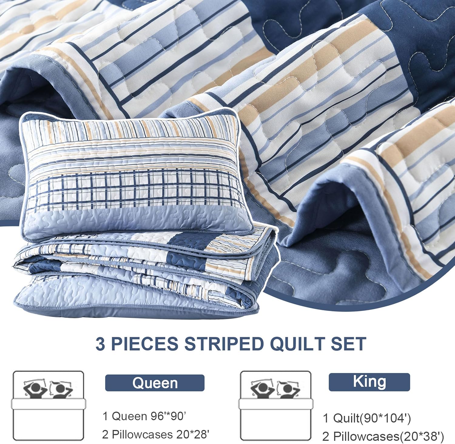 DJY Navy Blue Striped Quilt Set 3 Piece Queen Size