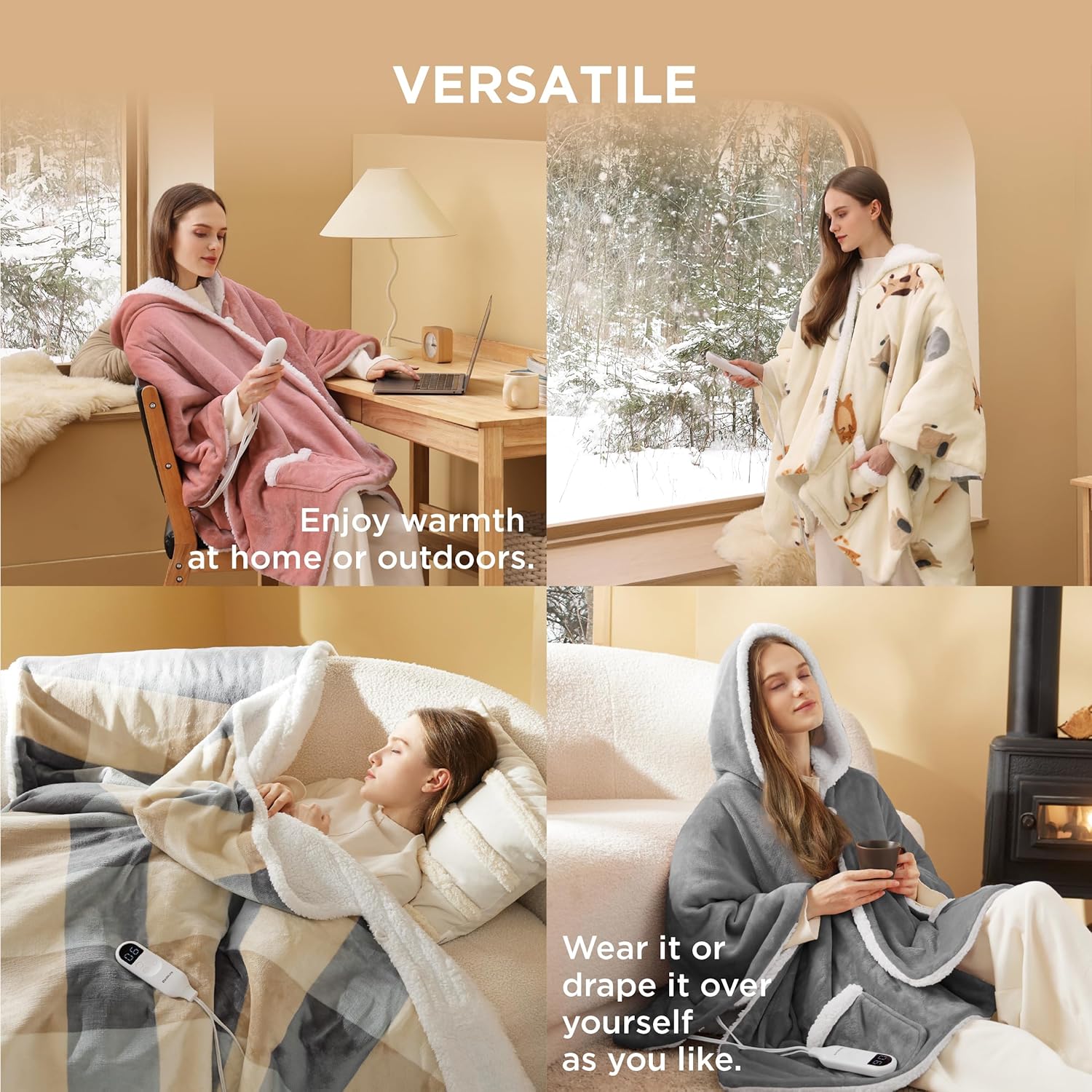 Bedsure Heated Shawl Hoodie - Pink 55x64 Inches