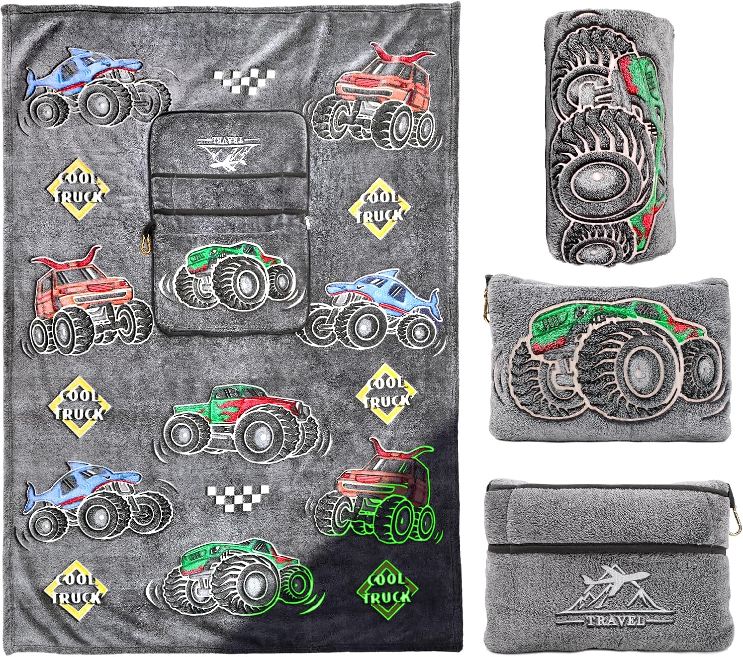 HWING Glow in the Dark Truck Travel Blanket Pillow