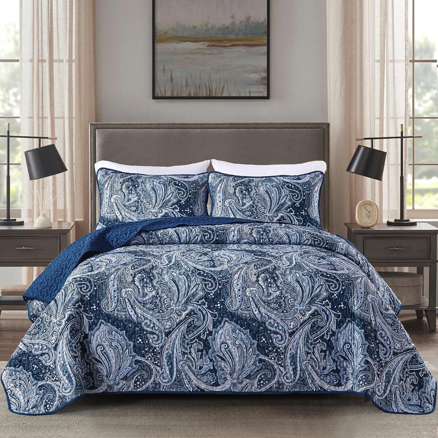 DJY Navy Paisley Quilt Set California King Size