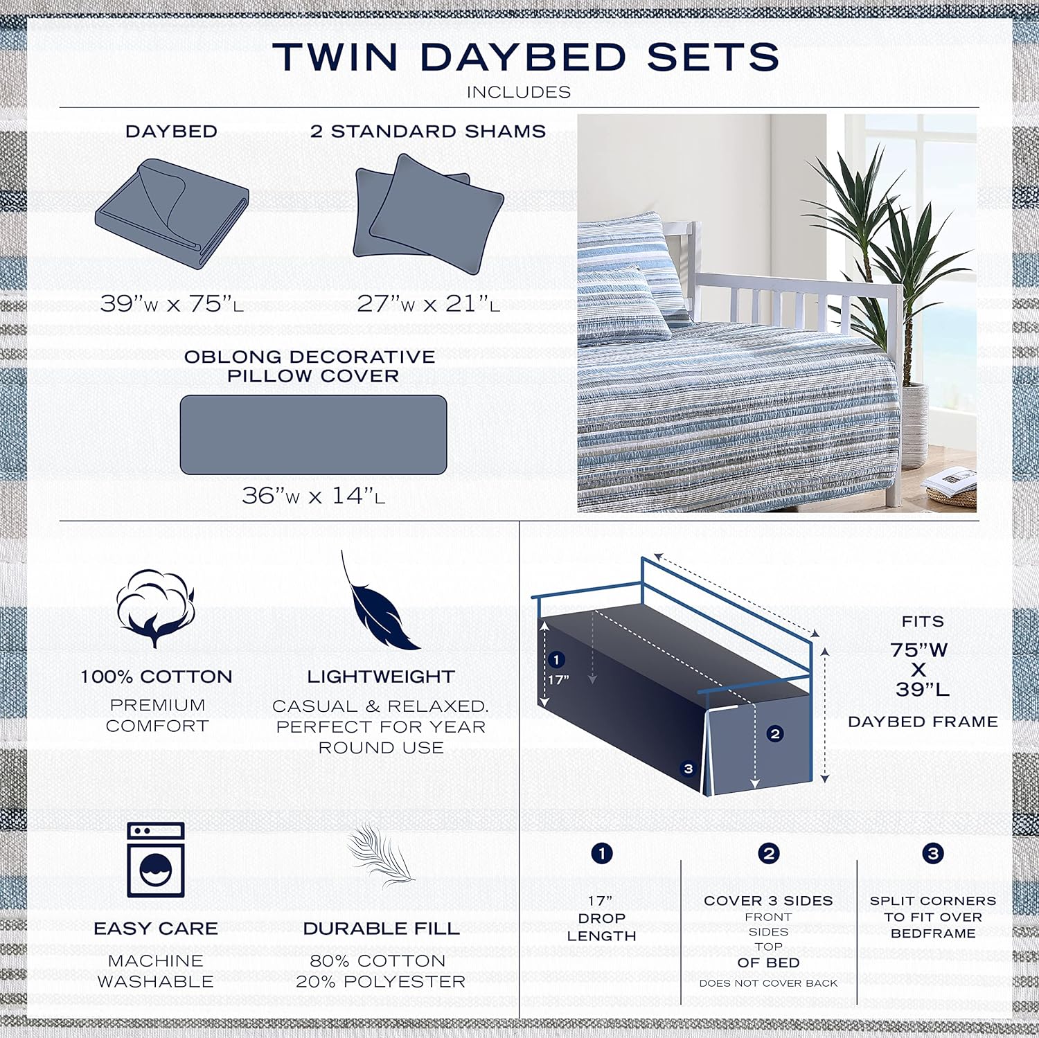 Nautica Daybed Bedding Set - 100 Cotton Reversible