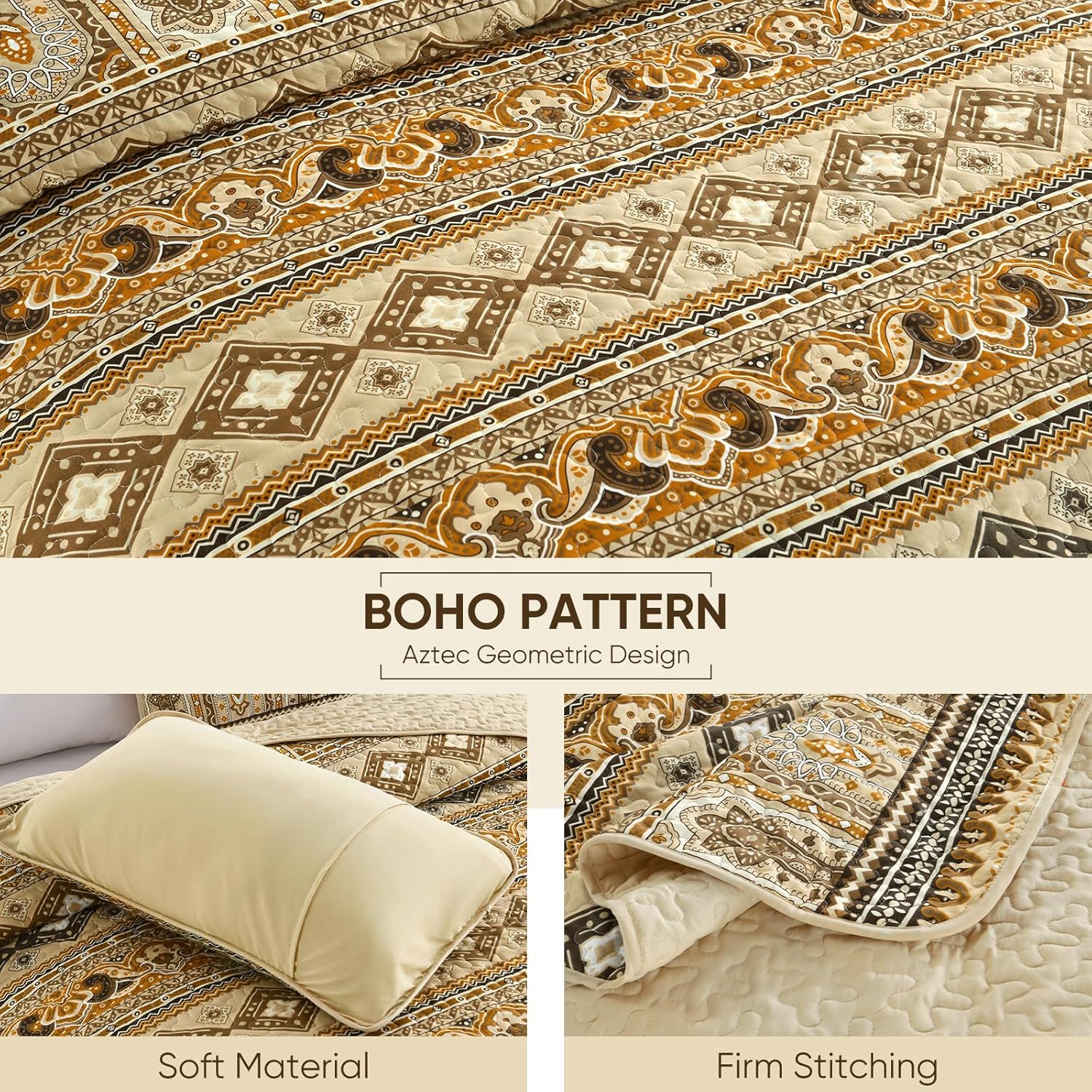 Drucon Boho Aztec Quilt Set 3 Pieces Dark Brown