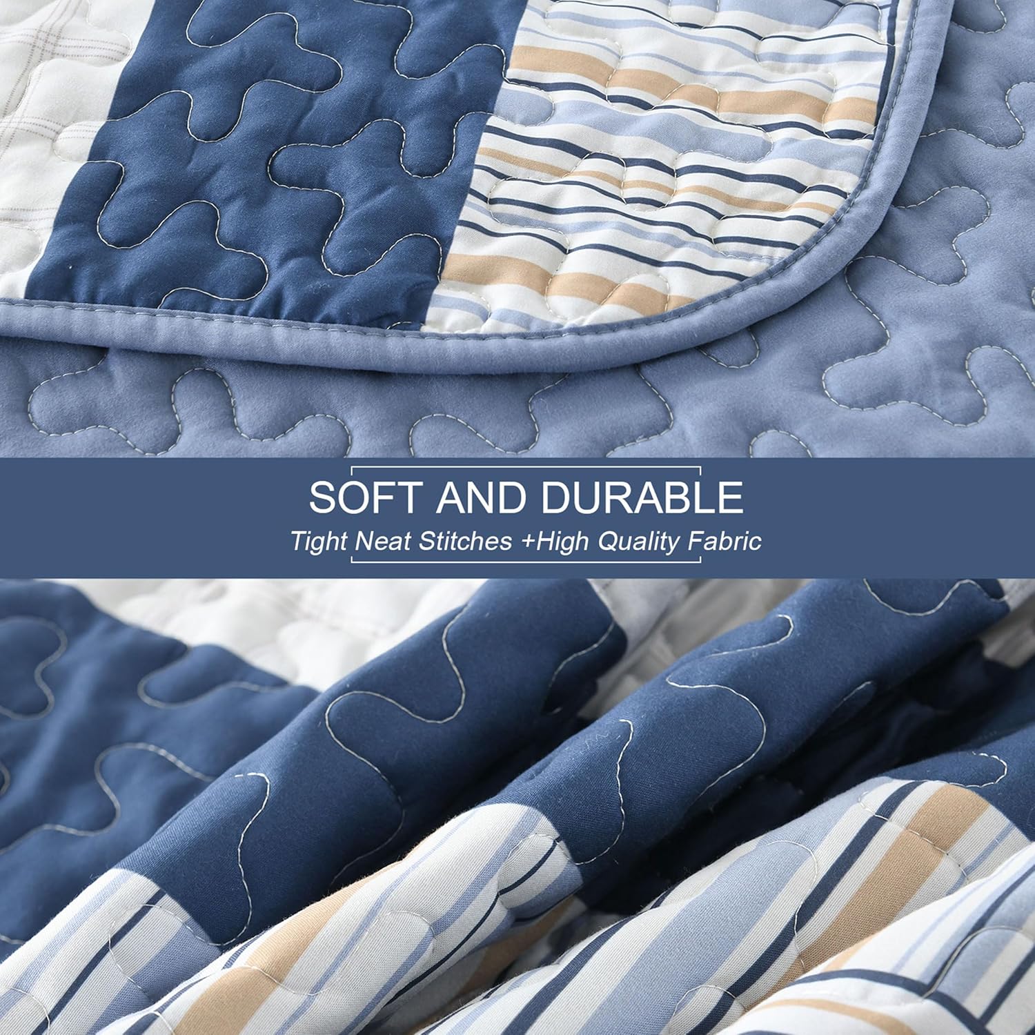 DJY Navy Blue Striped Quilt Set 3 Piece Queen Size