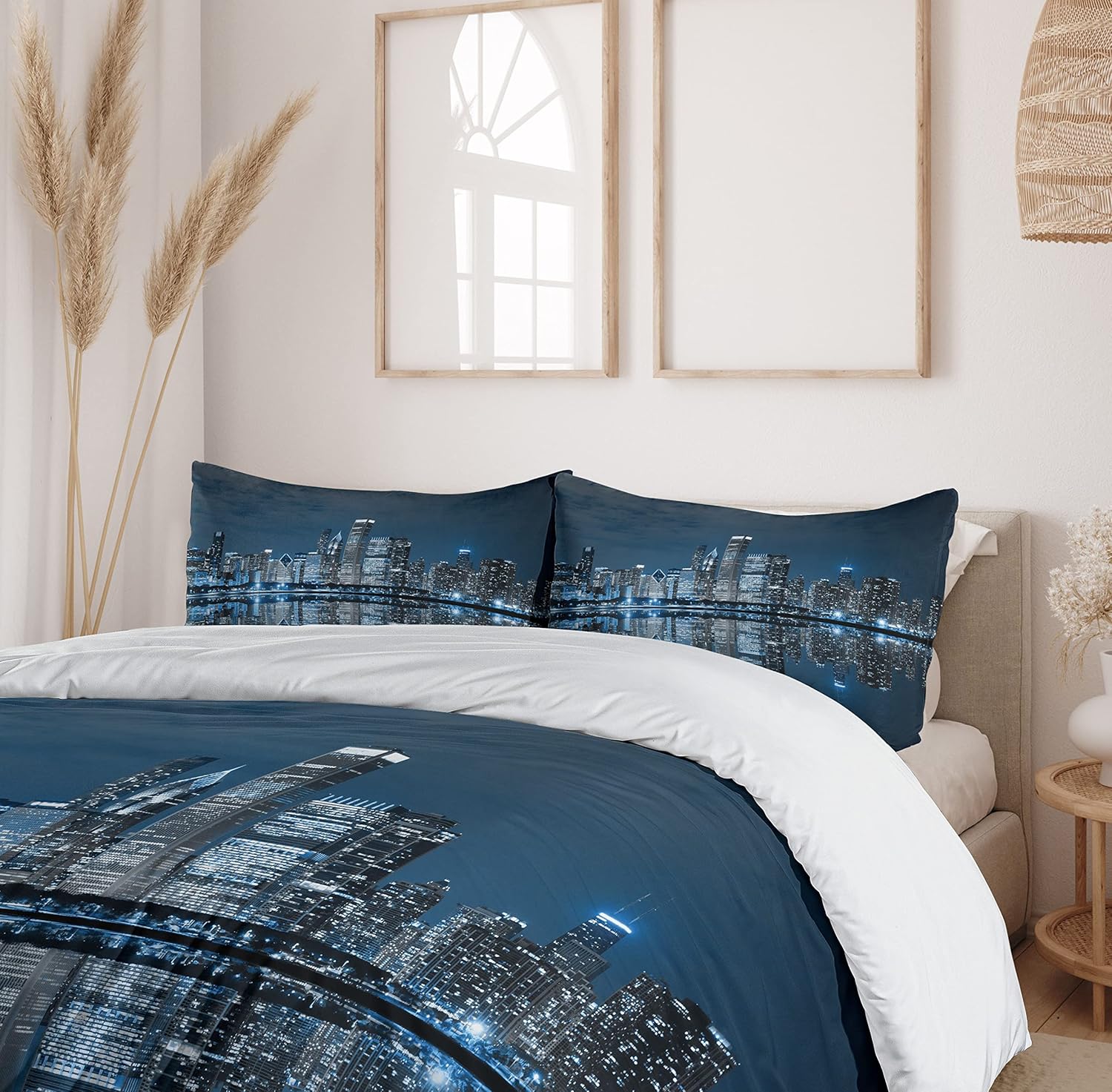 Ambesonne Chicago Skyline Duvet Cover Set King Size Dark Blue