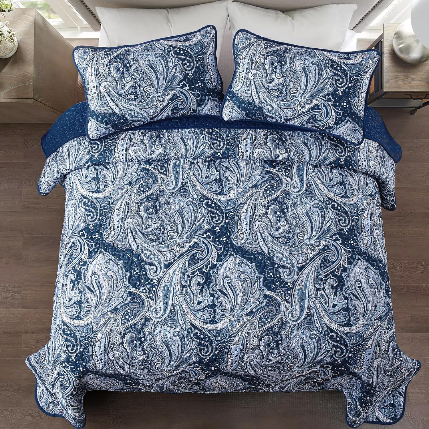 DJY Navy Paisley Quilt Set California King Size