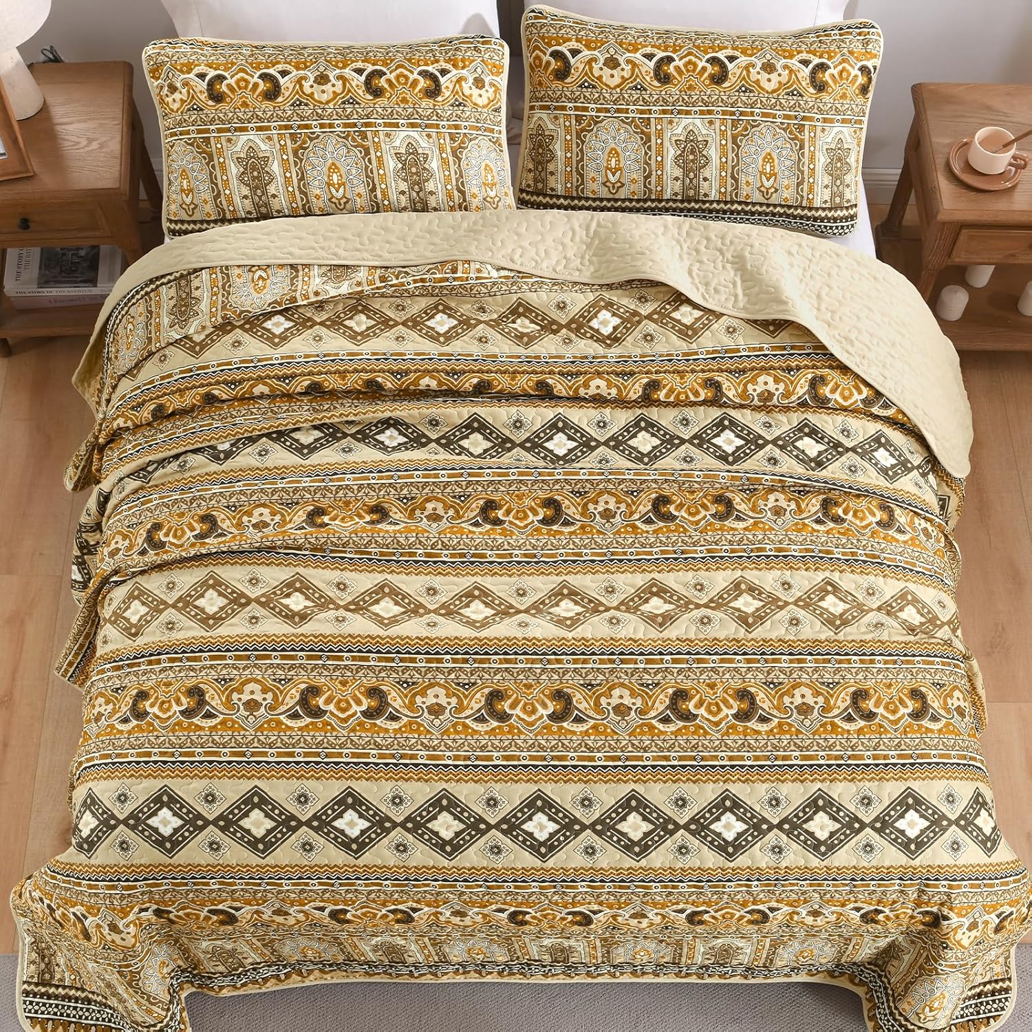 Drucon Boho Aztec Quilt Set 3 Pieces Dark Brown