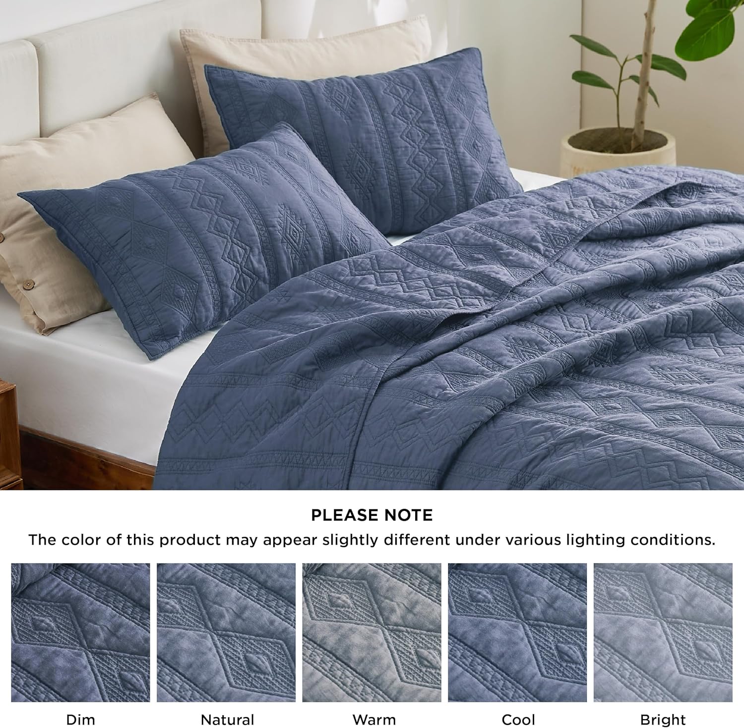Bedsure 100 Cotton Quilt Set Queen Navy Blue Geometric 3-Piece