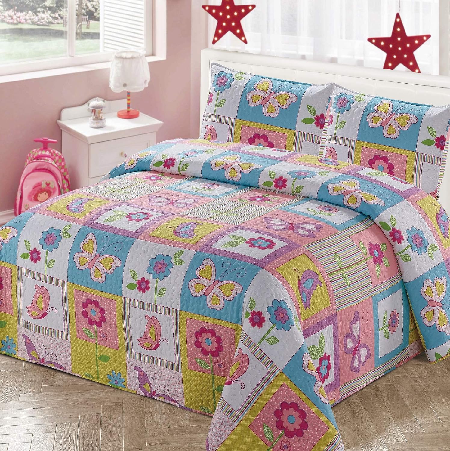 Kids Zone Home Linen Quilt Set with Butterfly Flowers
