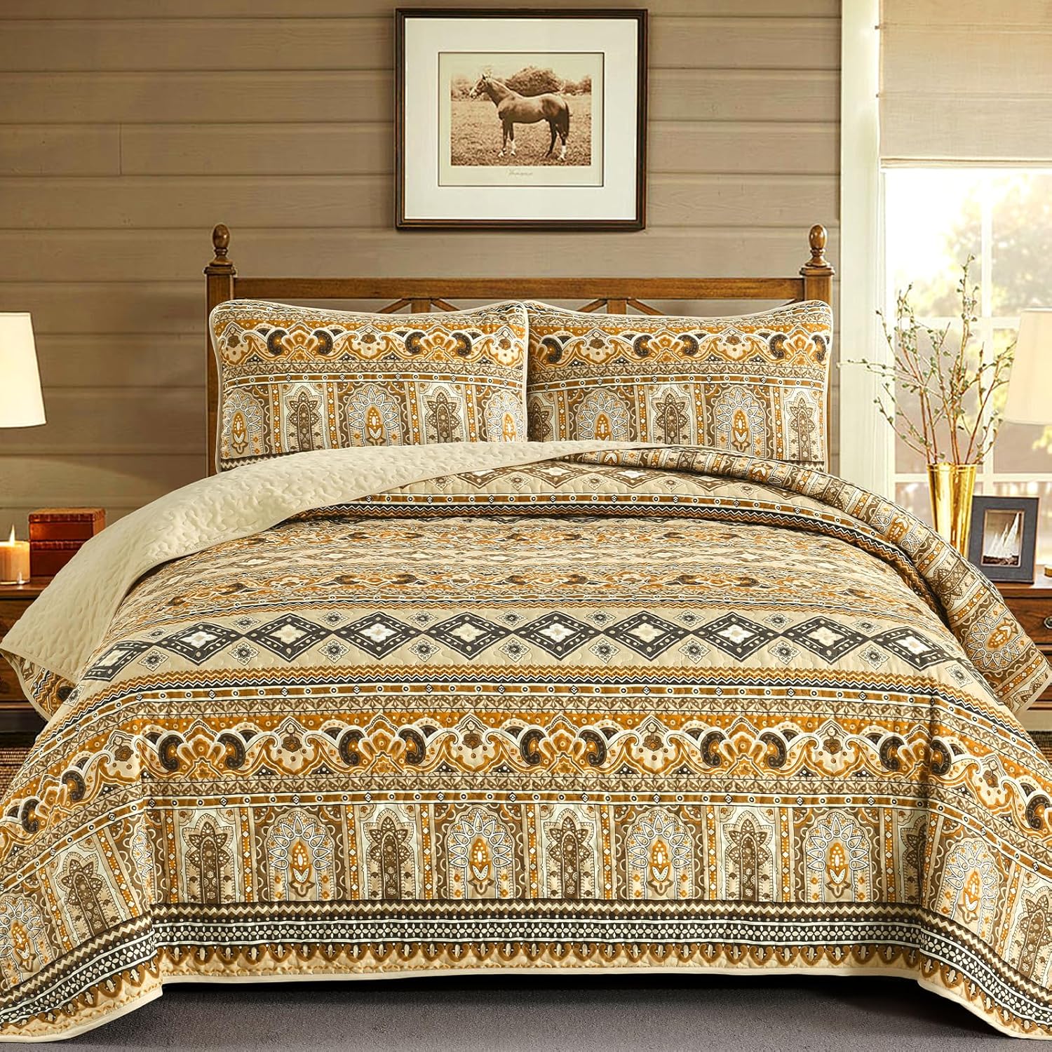 Drucon Boho Aztec Quilt Set 3 Pieces Dark Brown