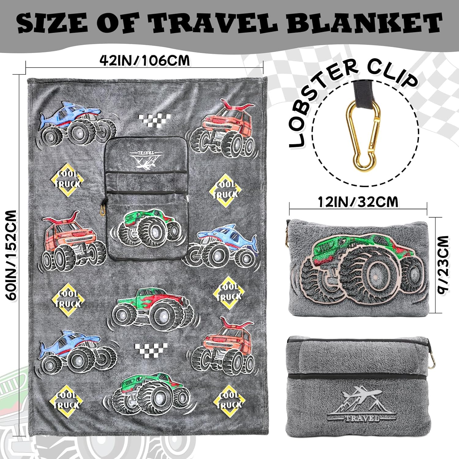 HWING Glow in the Dark Truck Travel Blanket Pillow