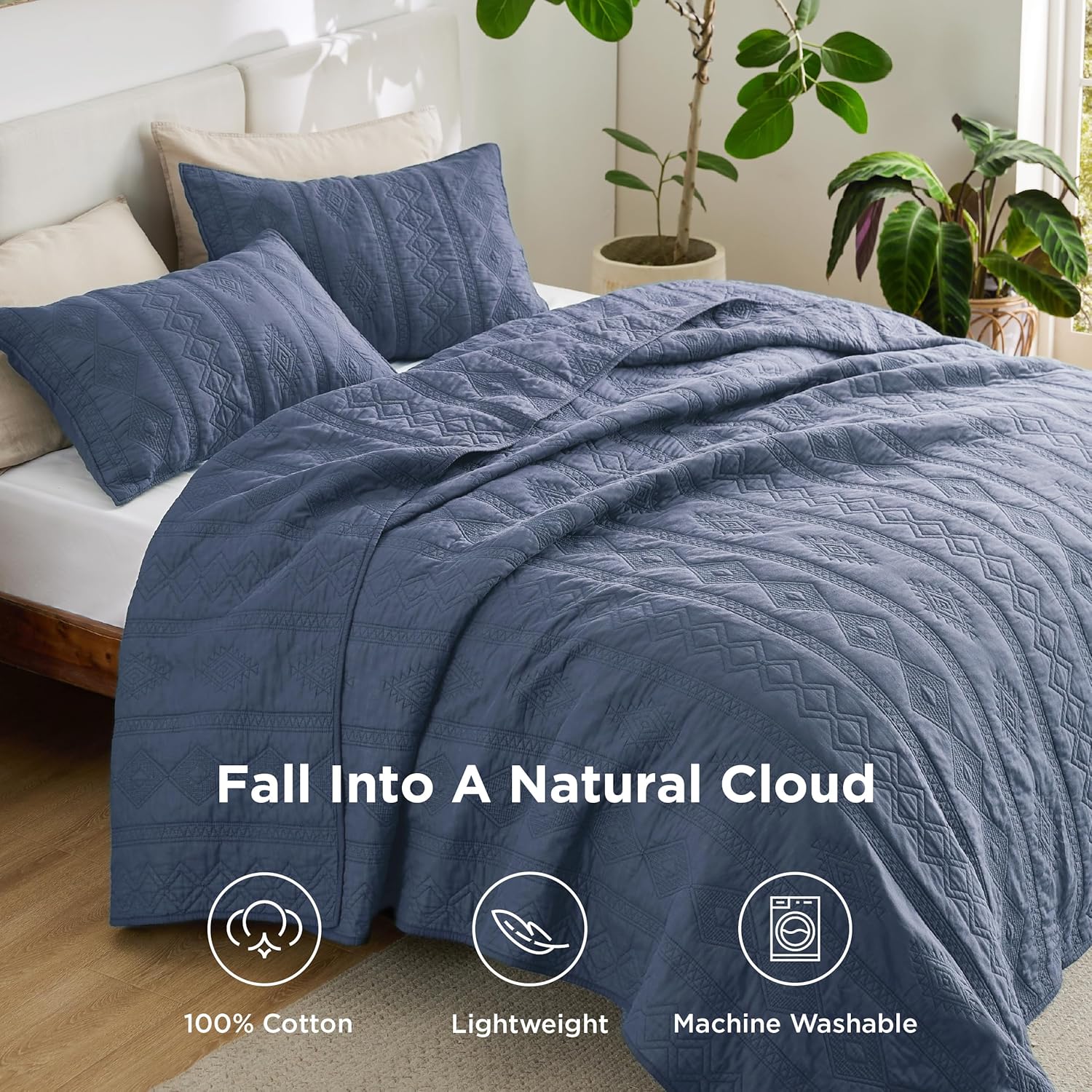 Bedsure 100 Cotton Quilt Set Queen Navy Blue Geometric 3-Piece