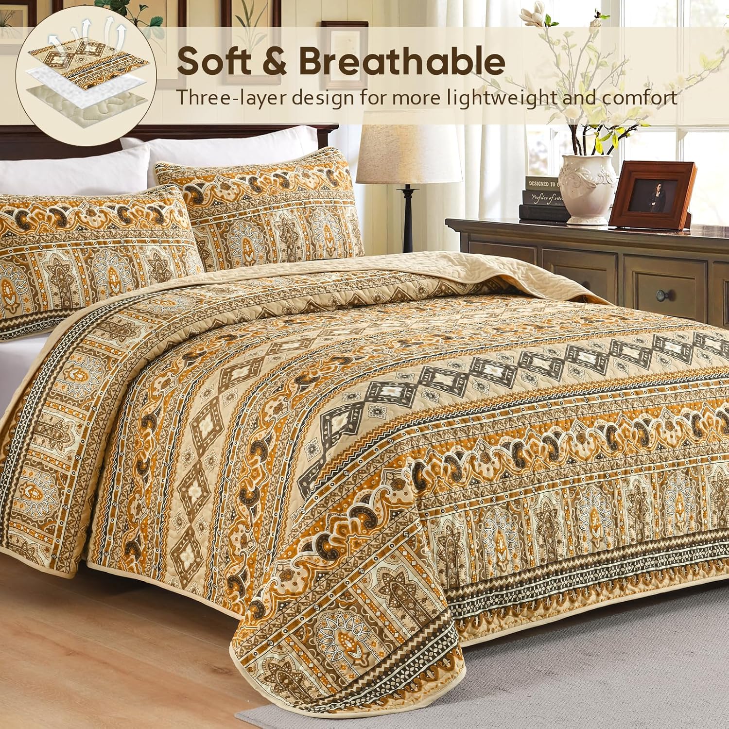 Drucon Boho Aztec Quilt Set 3 Pieces Dark Brown
