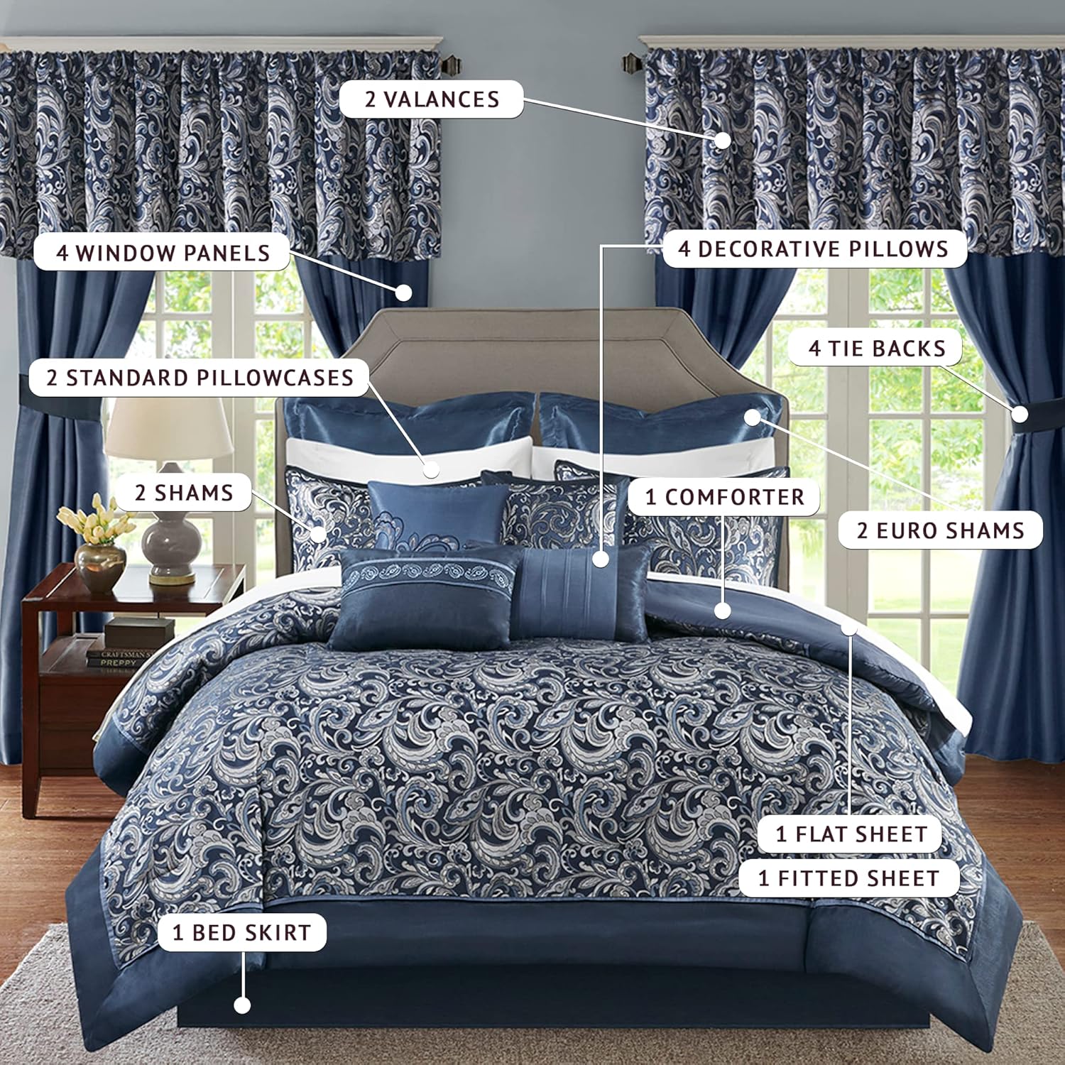 Madison Park Brystol 24 Piece Faux Silk Comforter Set King