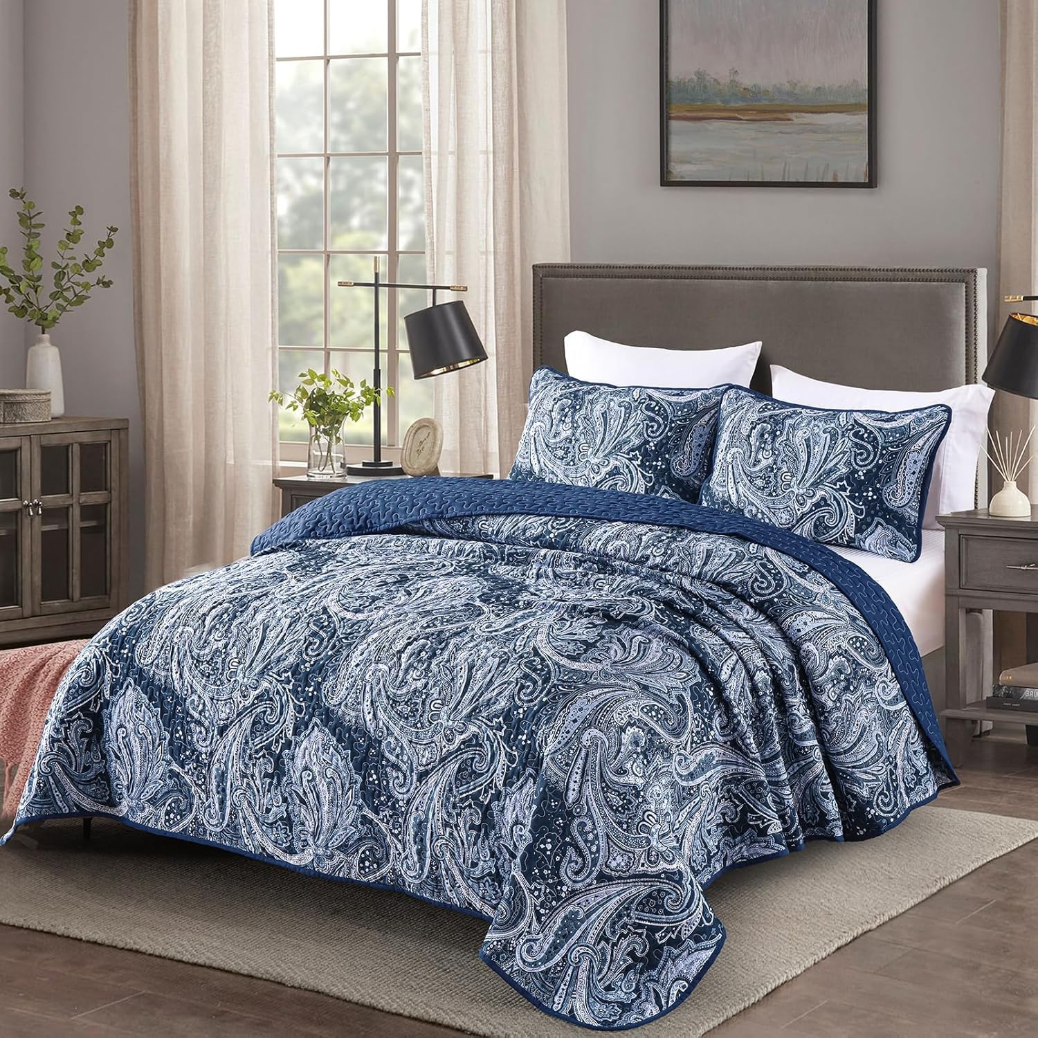 DJY Navy Paisley Quilt Set California King Size
