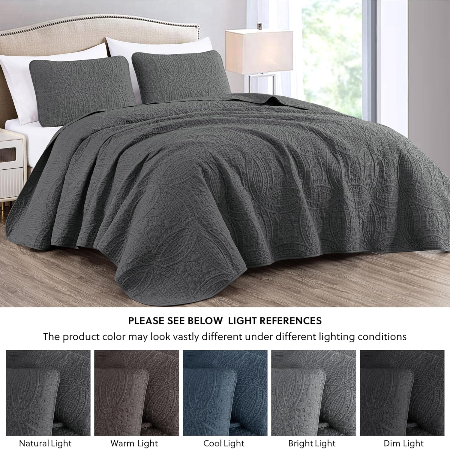 Chezmoi Austin 3-Piece Oversized Bedspread Set Queen Charcoal 1