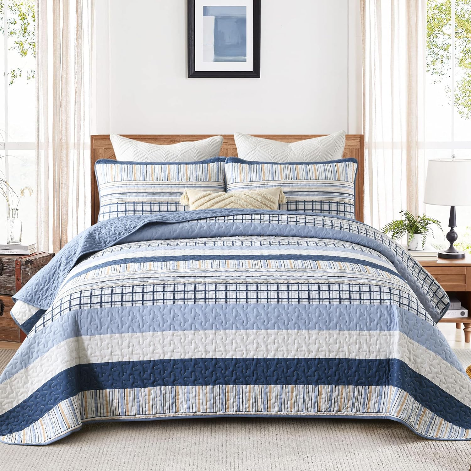 DJY Navy Blue Striped Quilt Set 3 Piece Queen Size