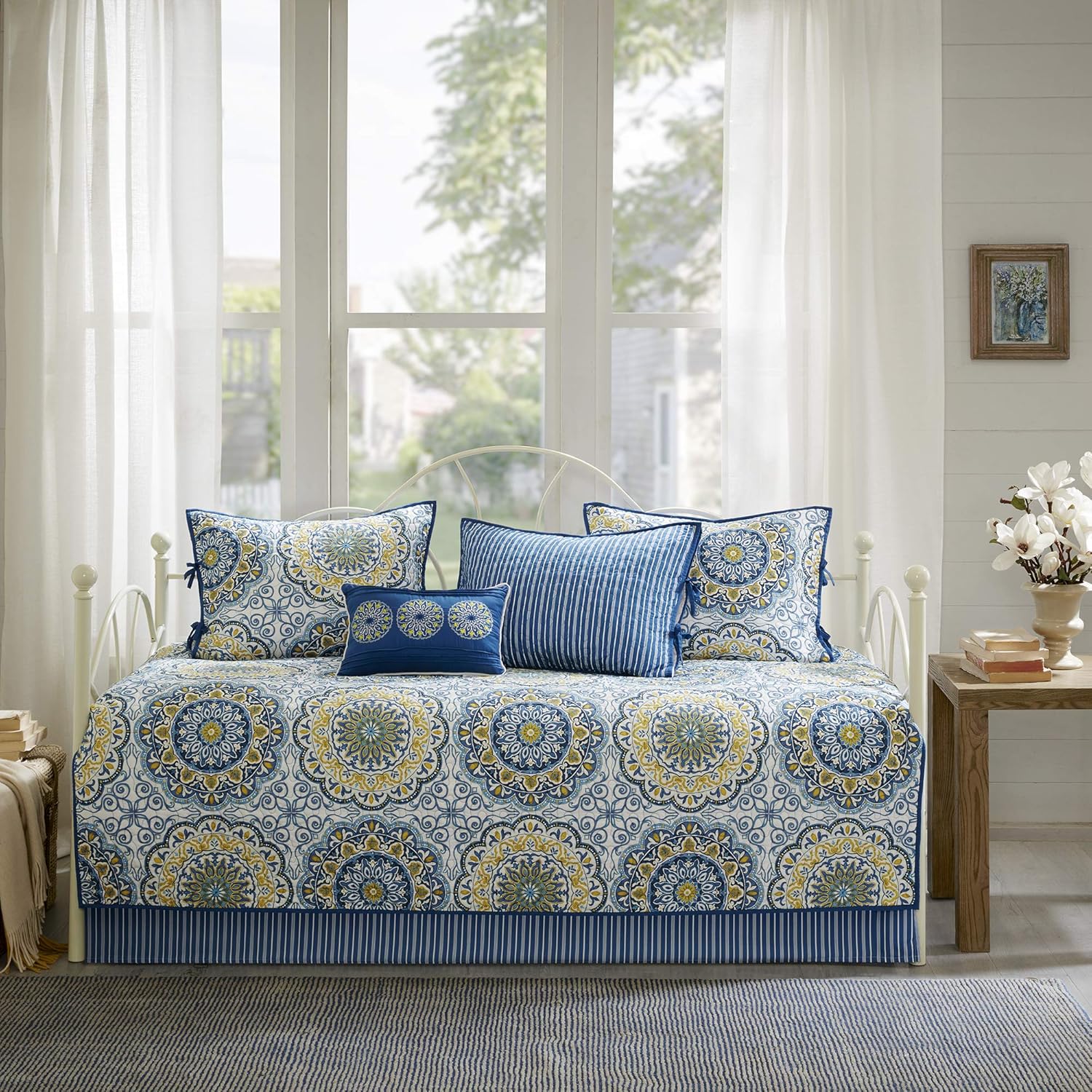Madison Park Daybed Cover Set 75x39 Medallion Blue 6 Piece