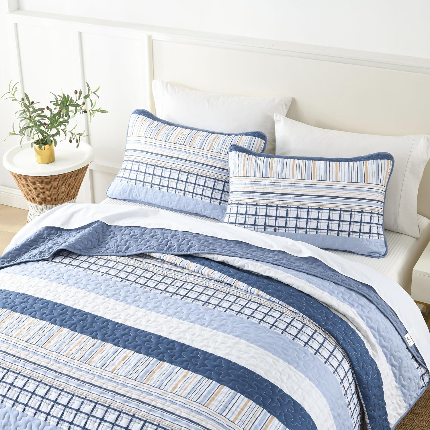 DJY Navy Blue Striped Quilt Set 3 Piece Queen Size