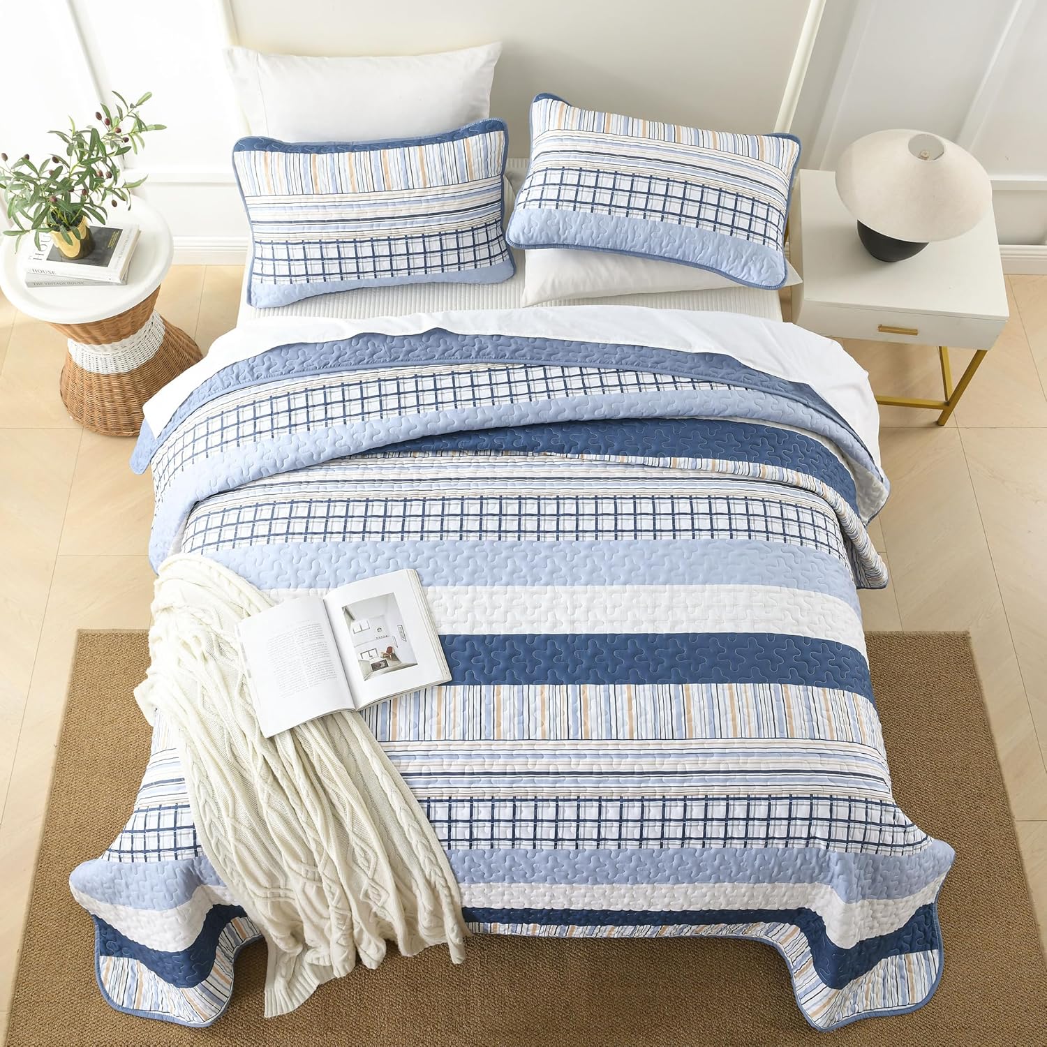 DJY Navy Blue Striped Quilt Set 3 Piece Queen Size