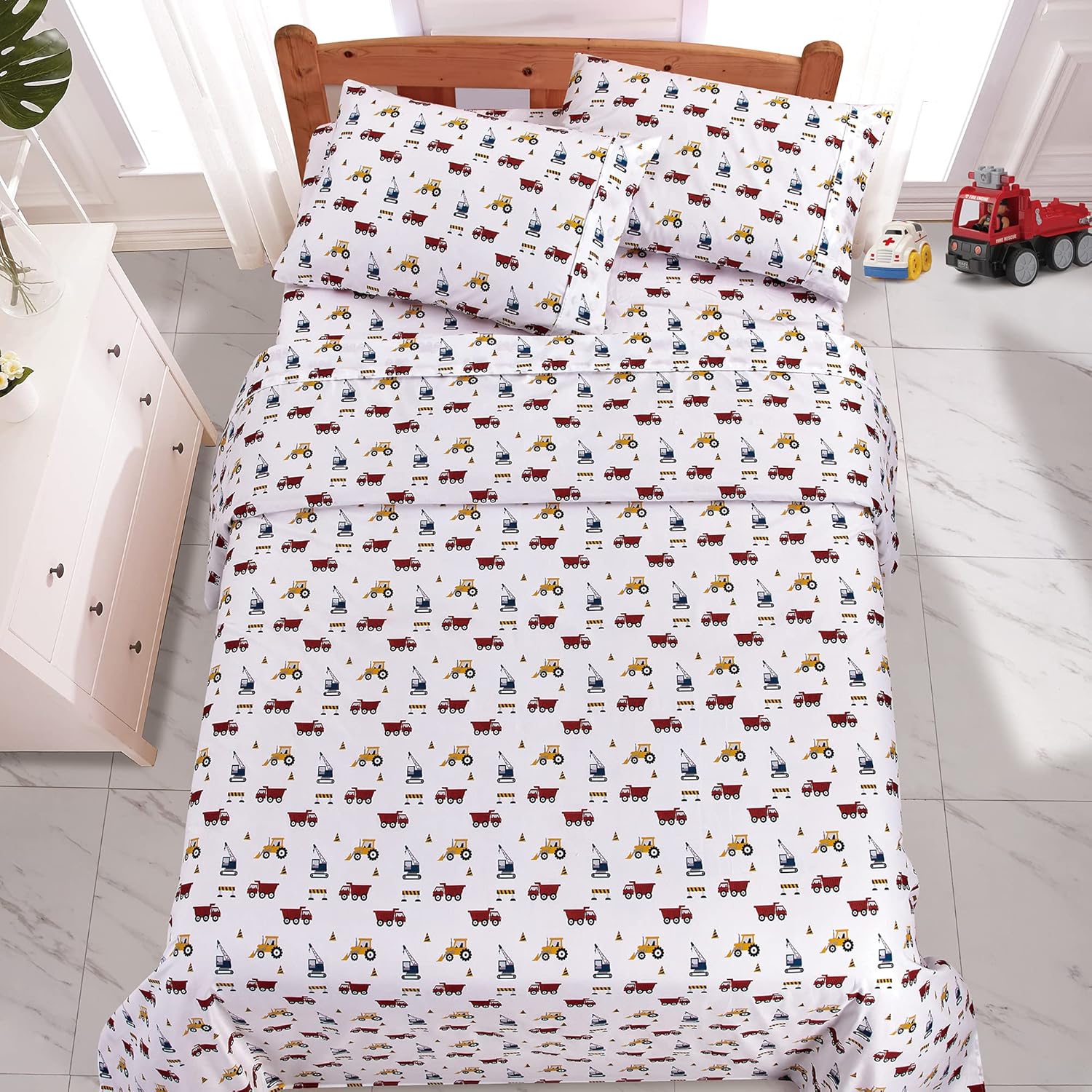 Viviland 4-Piece Boys Truck Bed Sheet Set - White Microfiber