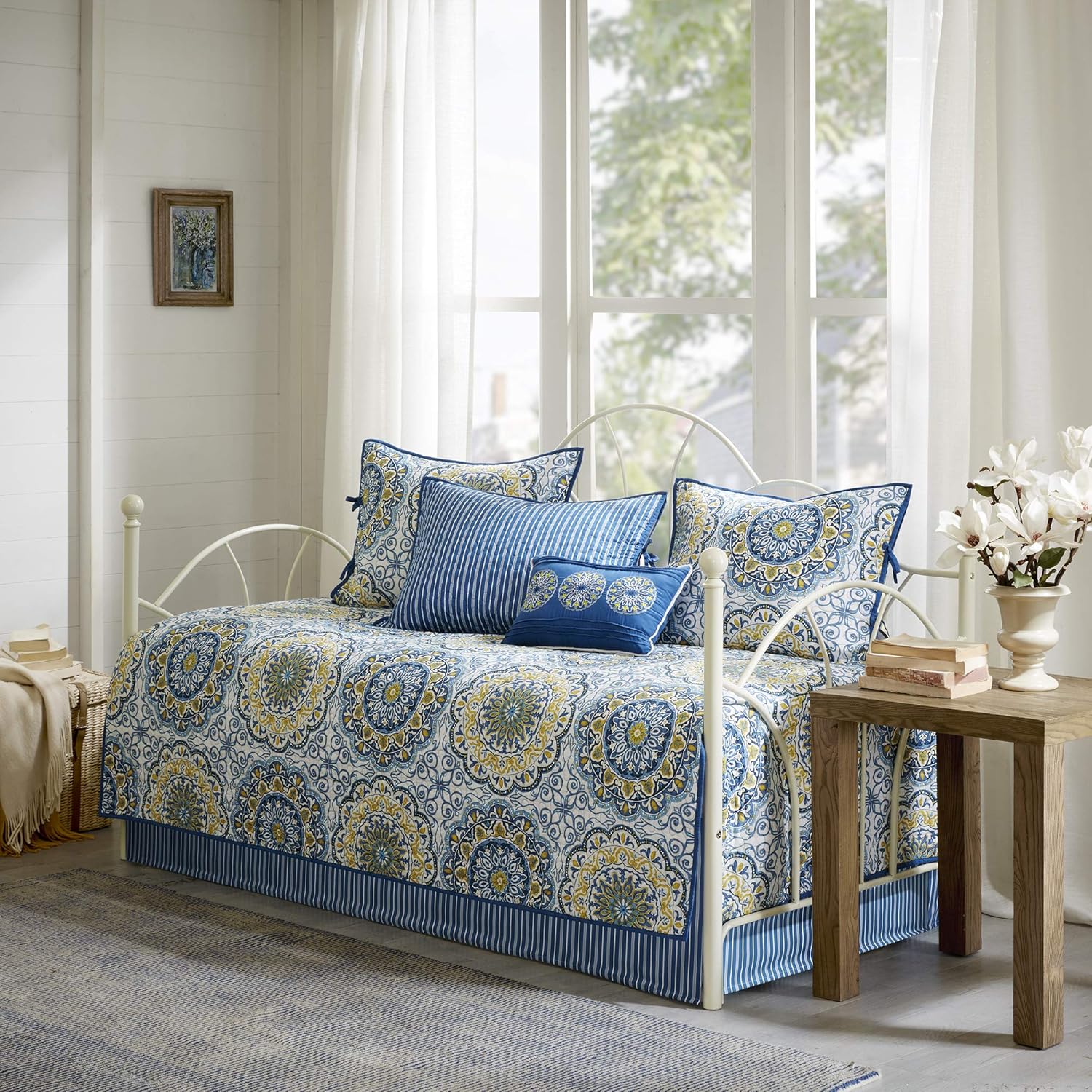 Madison Park Daybed Cover Set 75x39 Medallion Blue 6 Piece