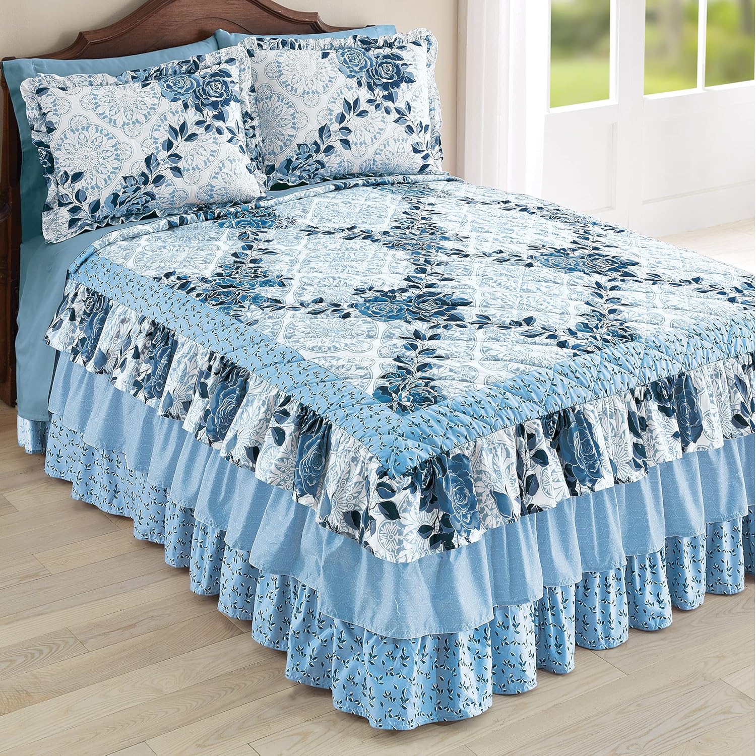 Collections Etc Tiered Ruffled Navy Rose Floral Bedspread for Full Bed